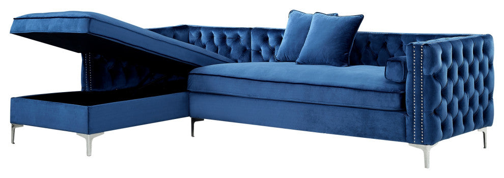 Jeannie Velvet Tufted With Nailhead Trim Sectional, Navy, Left Facing Chaise