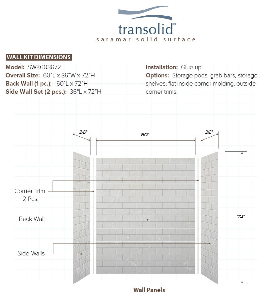 Transolid SaraMar 60"x36"x72" 3-Piece Shower Wall Kit, Lunar