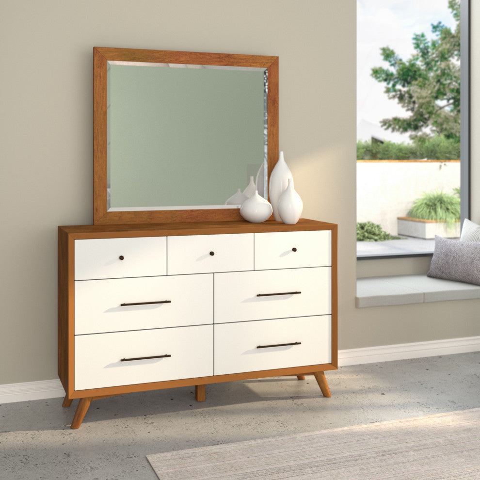 Flynn Mid Century Modern 7 Drawer Dresser, Acorn/White