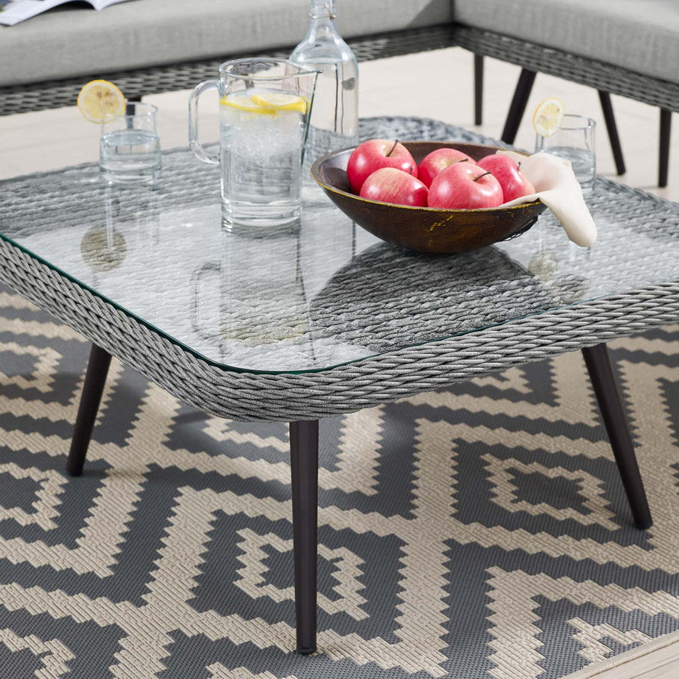 Lounge Coffee Table, Square, Gray, Rattan, Wicker, Glass, Modern, Outdoor