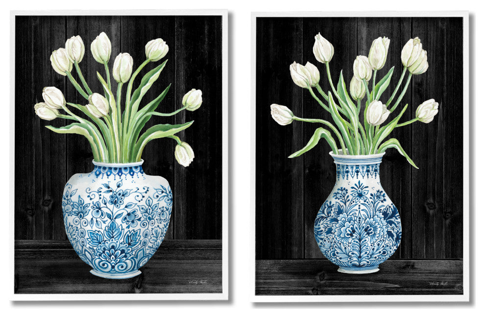 White Tulips Chinese Ceramic Urn Patterned Porcelain, 2pc, each 11 x 14