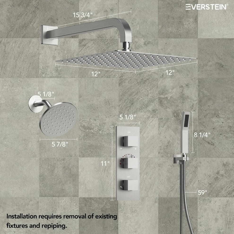 Full-Body Shower System with Thermostatic Valve "“ Dual Showerheads & Handheld, Brushed Nickel