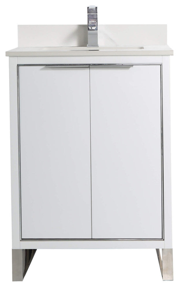 Opulence Bath Vanity, White Matte, 24", Chrome Hardware, White Carrara Top