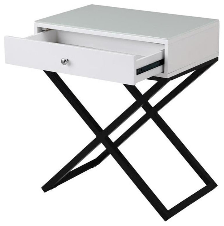 Koda White Wooden End Side Table Nightstand w/ Glass Top Drawer & Metal Base