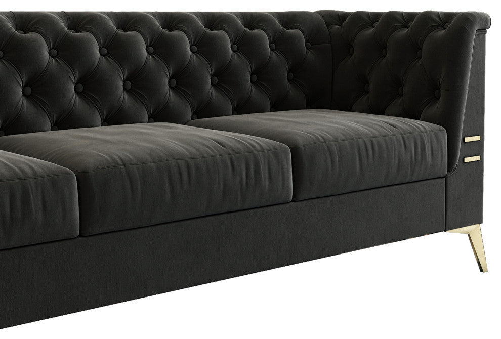 82.7'' Chesterfield Velvet Square Arm Sofa with Gold Leg, Dark Gray