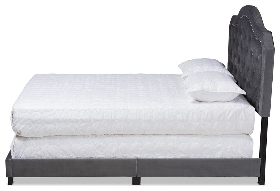 Modern Grey Velvet Fabric Upholstered Full Size Button Tufted Bed