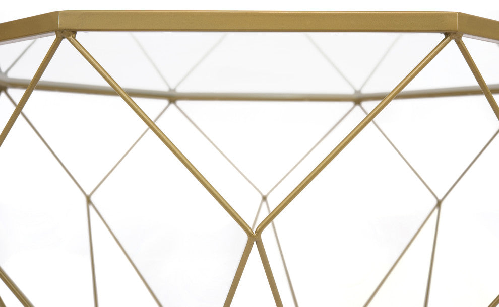 LeisureMod Malibu Modern Geometric Glass Top Coffee Table, Gold