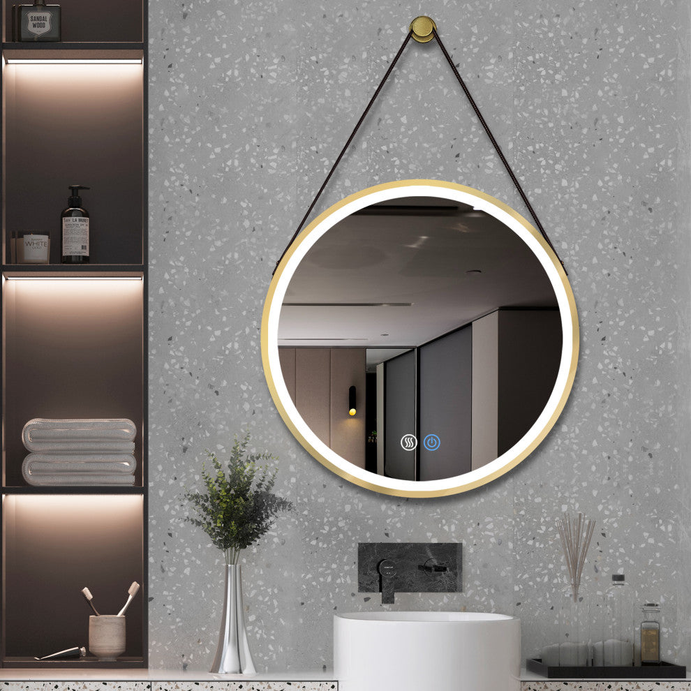 32'' Round Metal Framed Smart 3-Color Dimmable Anti-Fog LED Vanity Mirror, Gold