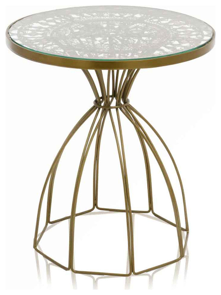 HomeRoots 18" x 18" x 21" Antique Brass Wire Work Side Table