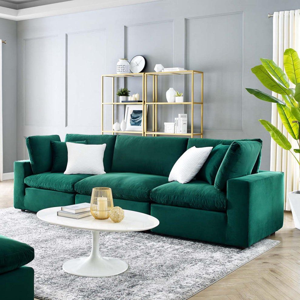 Commix Down Filled Overstuffed Performance Velvet 3-Seater Sofa Green
