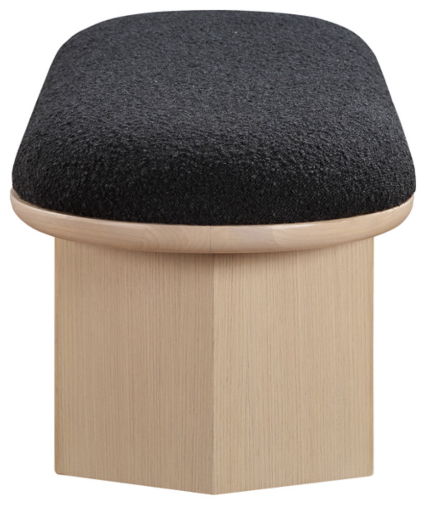 Wilshire Boucle Fabric Upholstered Bench, Black, Natural Oak Finish