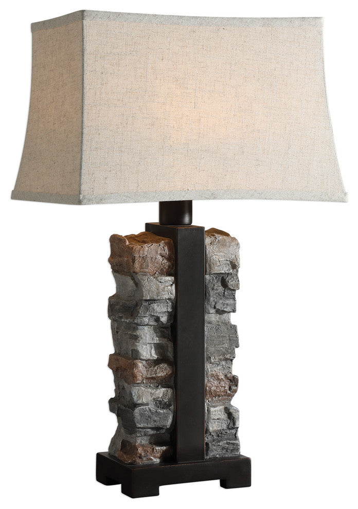 Rustic Indoor Outdoor Stacked Stone Table Lamp Concrete Iron Lodge Organic Shape