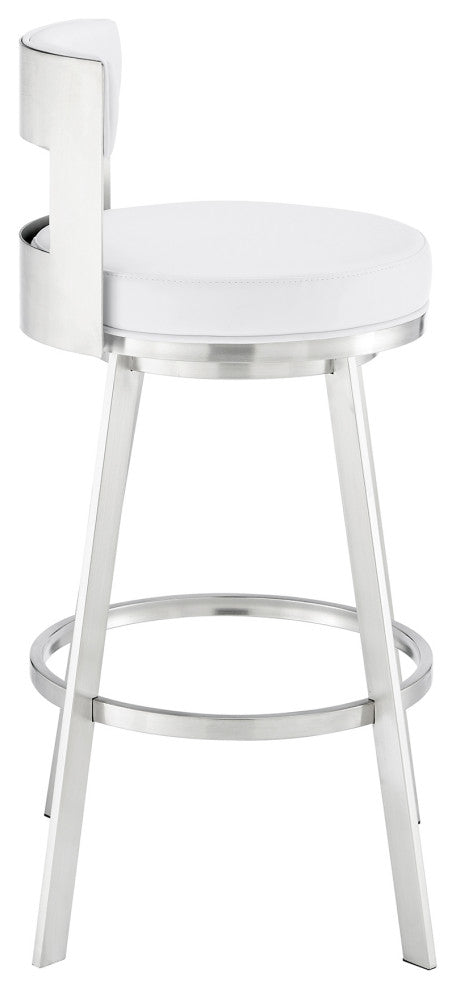 Lynof Swivel Bar Stool With Faux Leather, White, Brushed Stainless Steel