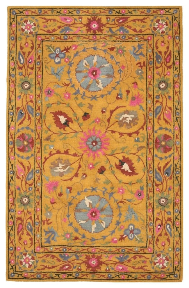 EORC Hand-tufted Wool Yellow Traditional Floral Suzani Rug, Rectangular 5'x8'