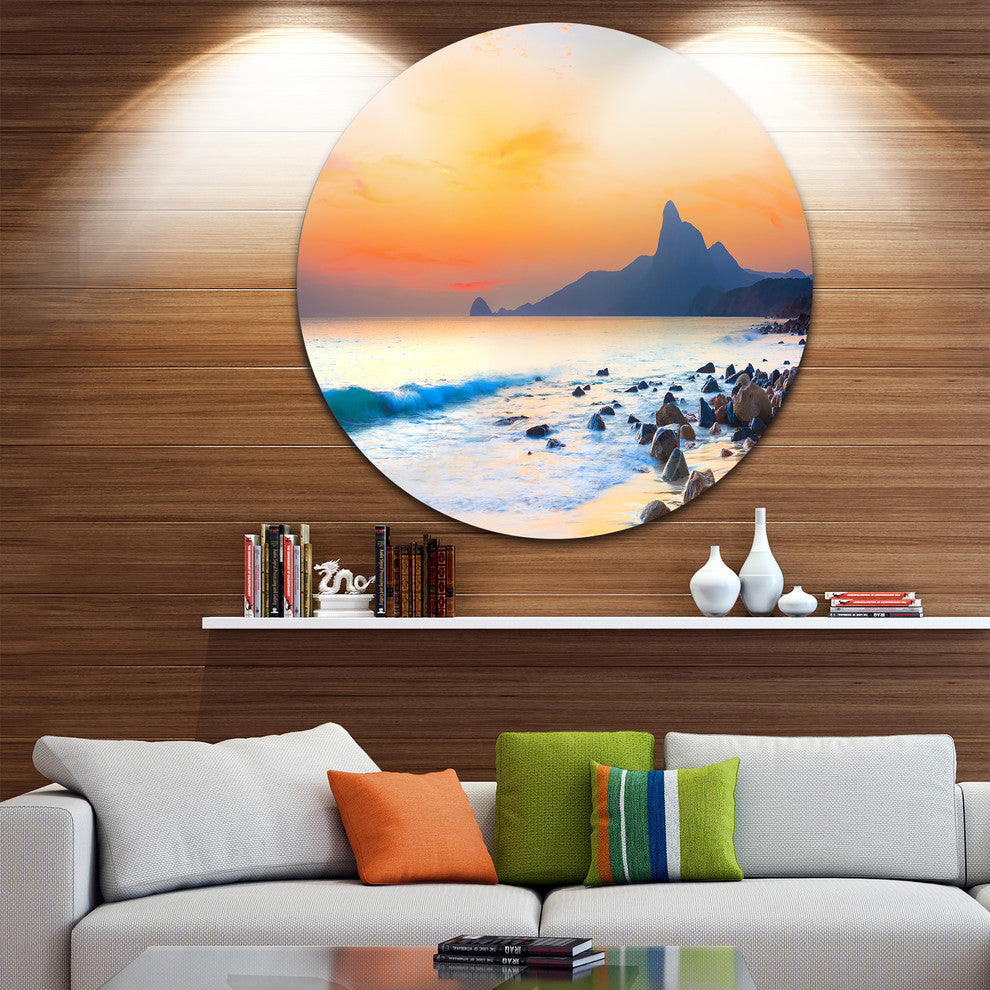 Stone In The Beach At Sunset, Seashore Photo Round Wall Art, 38"