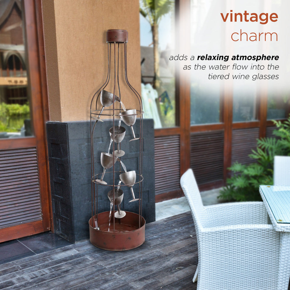 44" Tall Indoor/Outdoor Bottle Shaped Water Fountain With Tiering Wine Glasses
