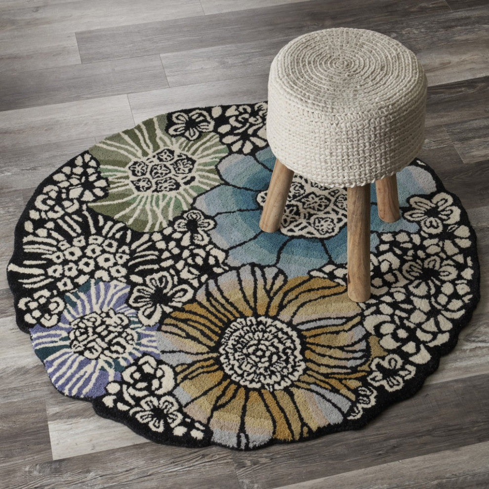 6" Round Blue and Black Floral Area Rug