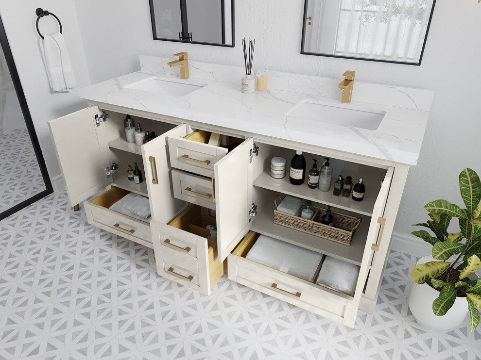 Boston 72" Double Sink Bath Vanity in Alabaster 2" Venatino Quartz