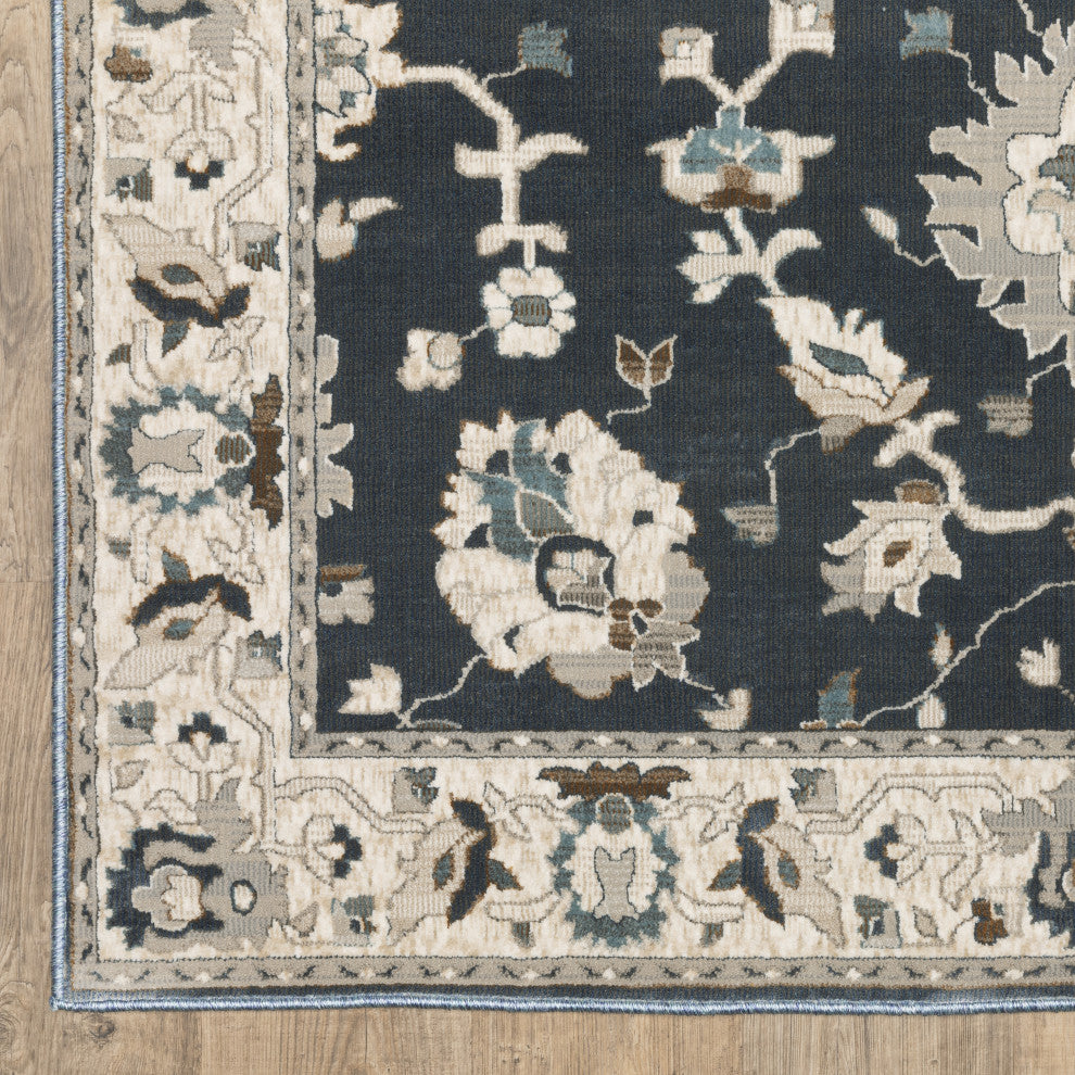 Emilia Bordered Traditional Blue/ Beige Area Rug 9'10" x 12'10"