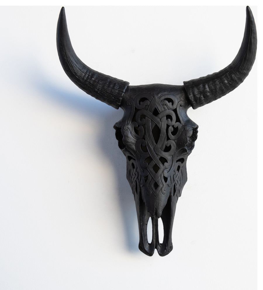 Faux Cow Skull Decorative Carved Bison Skull Black Wall Decor, Matte Black