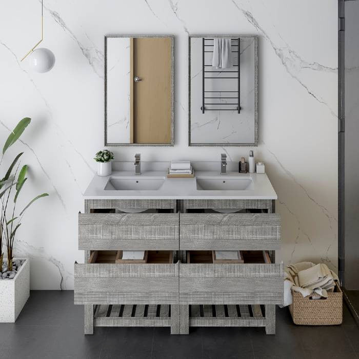 Formosa Modern 48" Ash Double Sink Vanity Set w/ Open Bottom, Faucet Fft1030bn