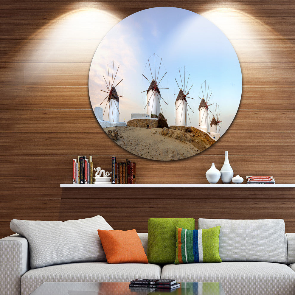 Traditional Greek Windmills Panorama, Landscape Disc Metal Artwork, 23"