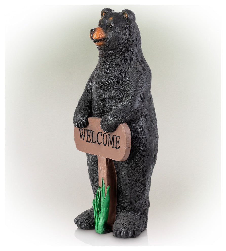 36" Tall Outdoor Standing Black Bear with Welcome Sign Yard Statue Decoration