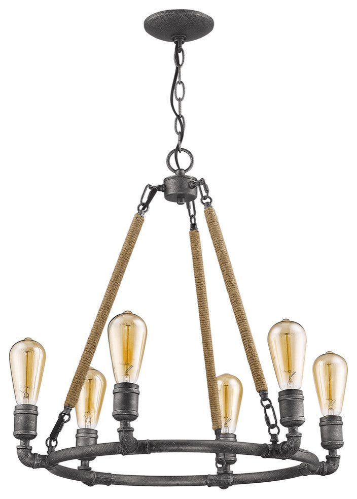 Grayson 6-Light Antique Gray Chandelier With Jute Wrapped Uprights