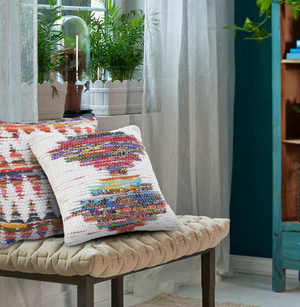 Ox Bay Handwoven White/Multi Geometric Organic Cotton Pillow Cover, 20"x20"