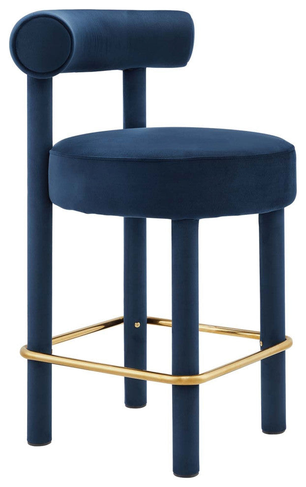 Toulouse Performance Velvet Counter Stool, Curved Round Bolster Kitchen Stool, Blue