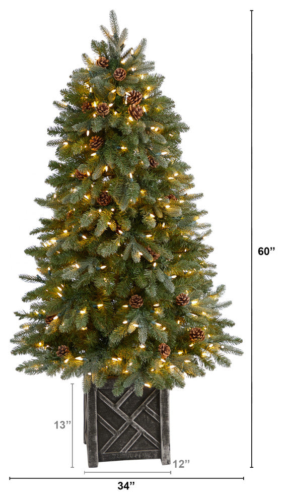 5' Colorado Fir Flocked Faux Xmas Tree W/Lights, Bendable Branches & Pinecones