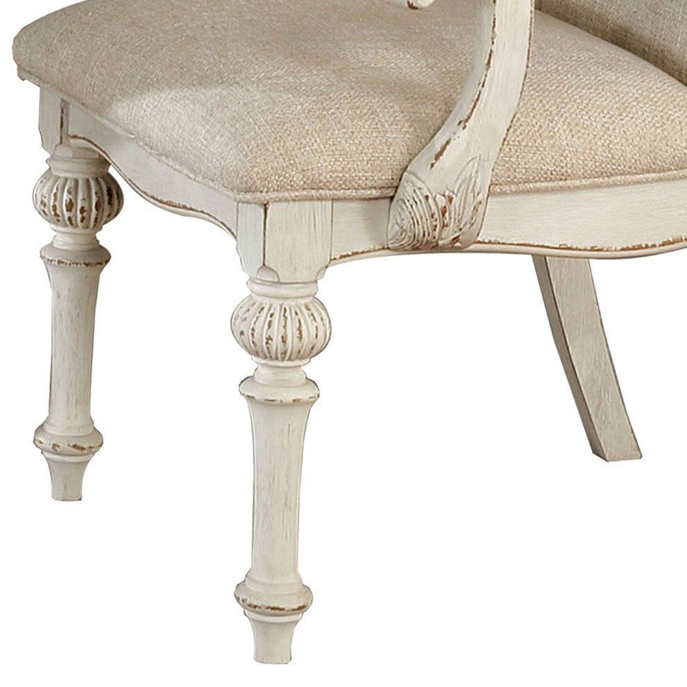 Benzara BM235431 Rustic Wooden Arm Chair, Intricate Carvings, Set of 2, White
