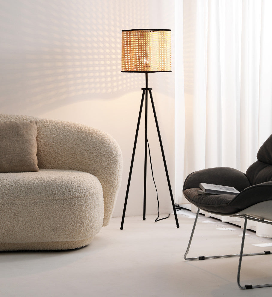 Vidalite Gal Rattan And Velvet Tripod Floor Lamp