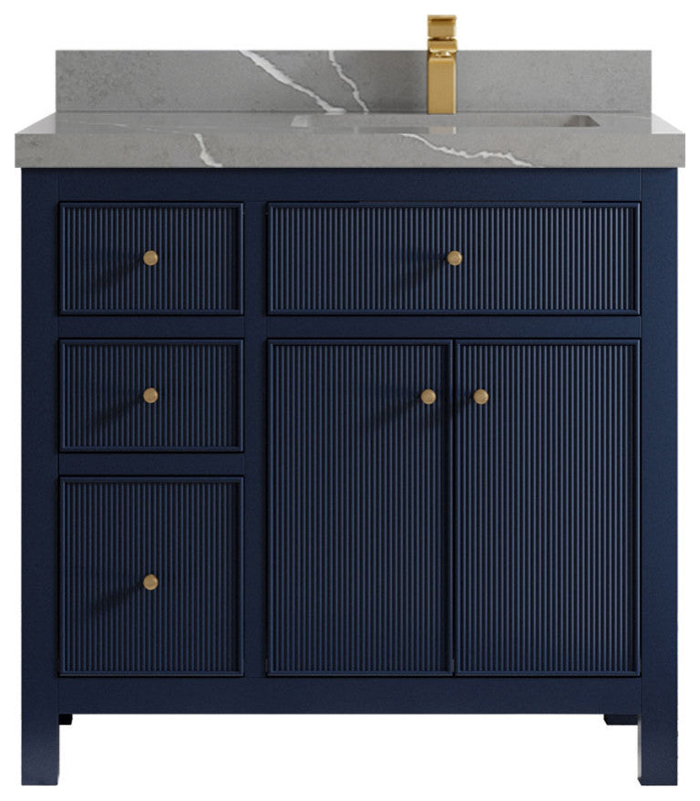 Sonoma 36 Right Offset Reeded Bath Vanity in Hale Navy Blue 2" Piatra Gray