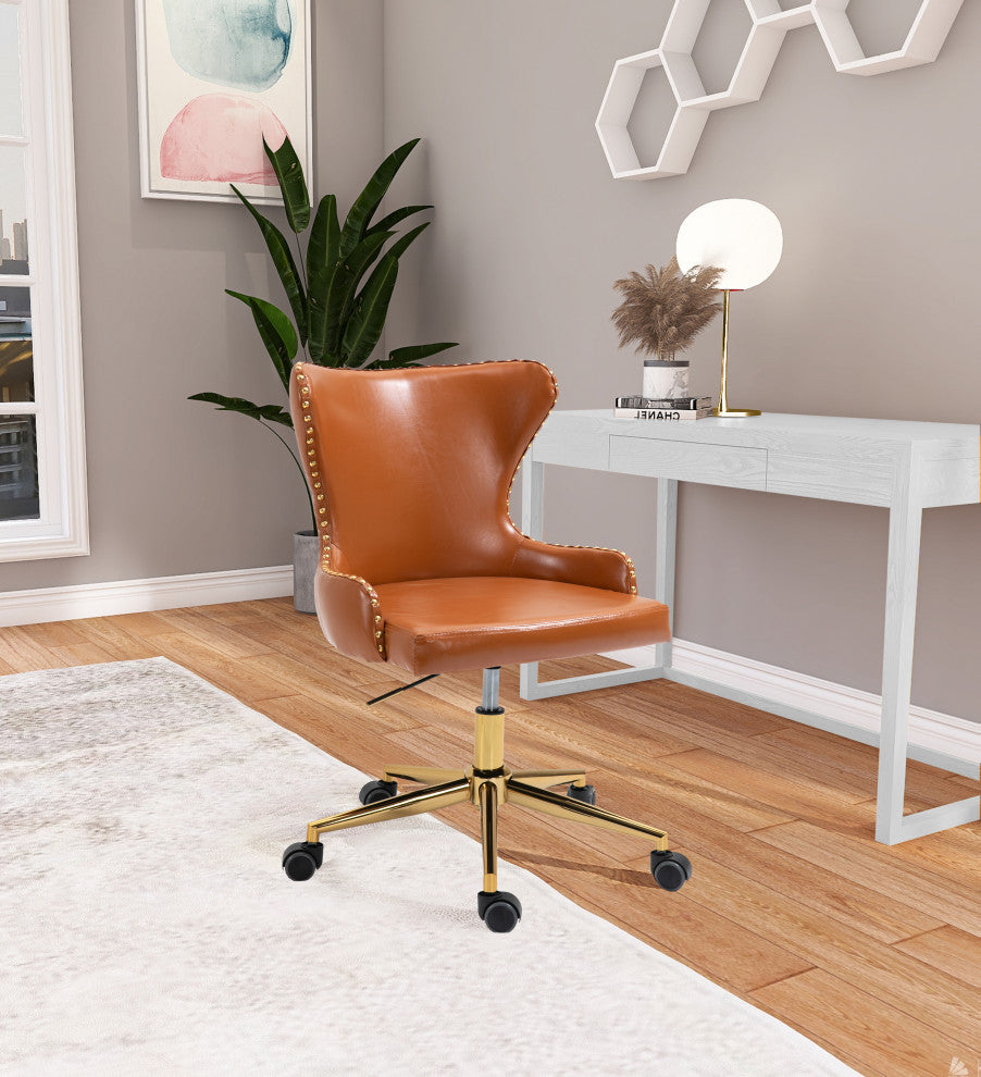 Hendrix Swivel and Adjustable Vegan Leather Office Chair, Cognac, Rich Gold Base