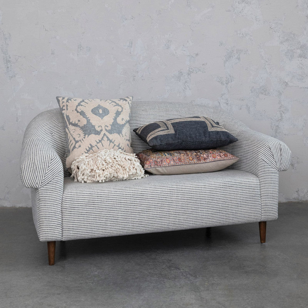 24" Cotton Printed Lumbar Pillow, Pattern, Chambray Back, Multicolored