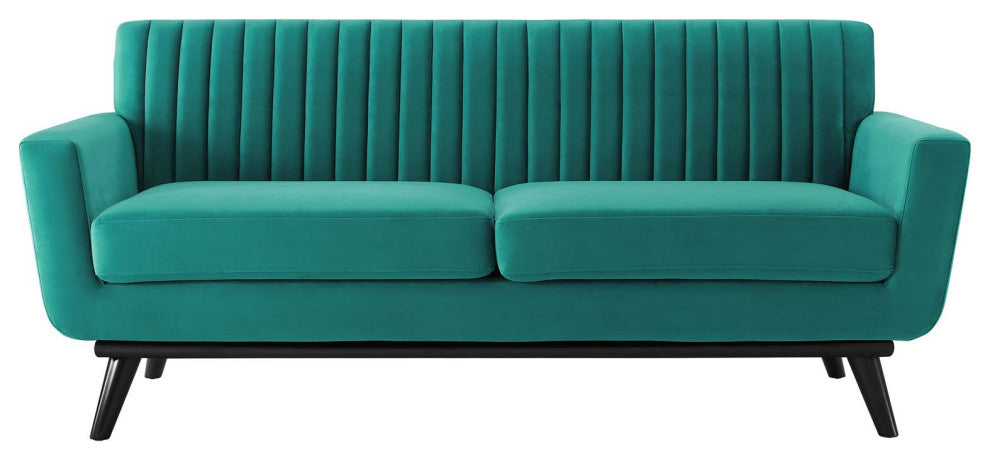 Tufted Loveseat Sofa, Velvet, Teal Blue, Modern, Living Lounge Hotel Hospitality