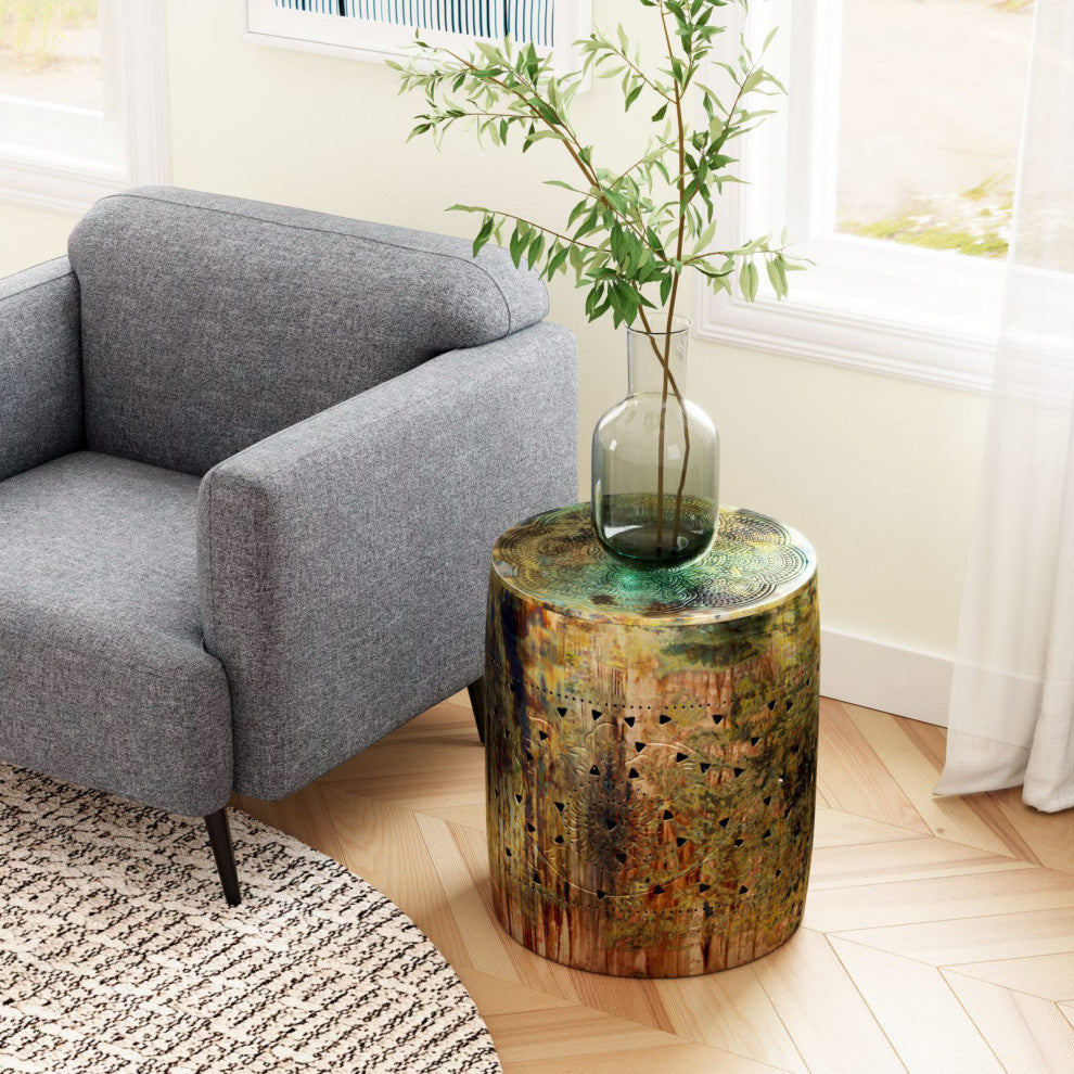 Sofa Side Table, Round, Metal Iron, Multicolor, Rustic Industrial Hospitality