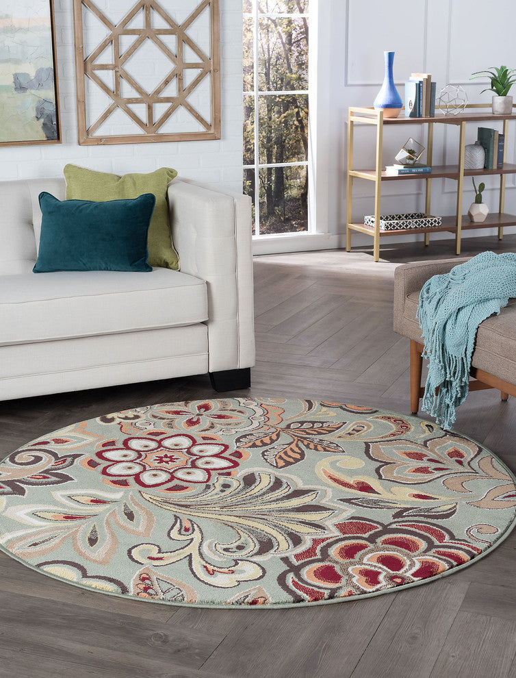 Dilek Transitional Floral Area Rug, Seafoam, 7'10'' Round