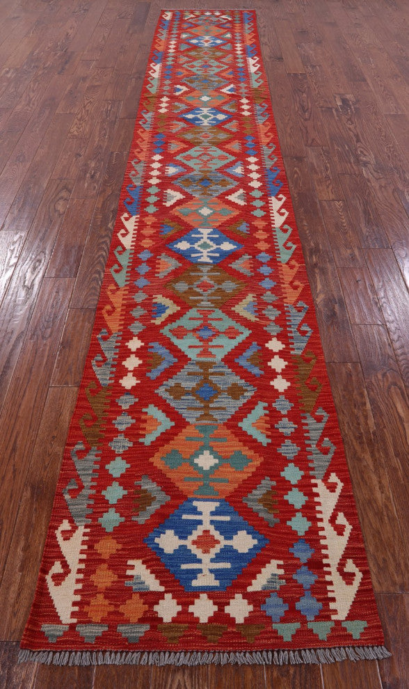 2' 7" X 15' 11" Runner Kilim Flat Weave Reversible Wool On Wool Rug - Q12556
