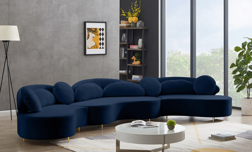 Vivacious Velvet Upholstered 3-Piece Sectional, Navy