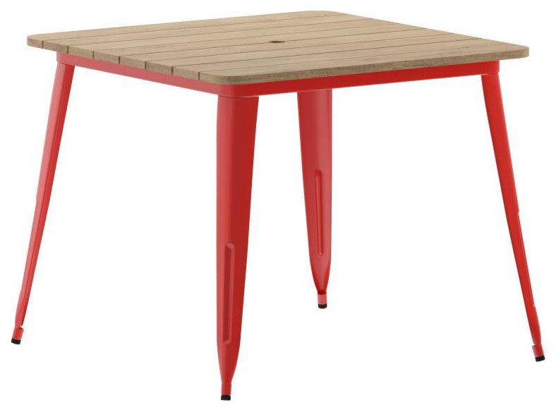 Declan Commercial Indoor/Outdoor Dining Table with Umbrella Hole, 36" Square, Brown/Red