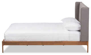Brooklyn Mid-Century Walnut Wood Gray Fabric King Size Platform Bed