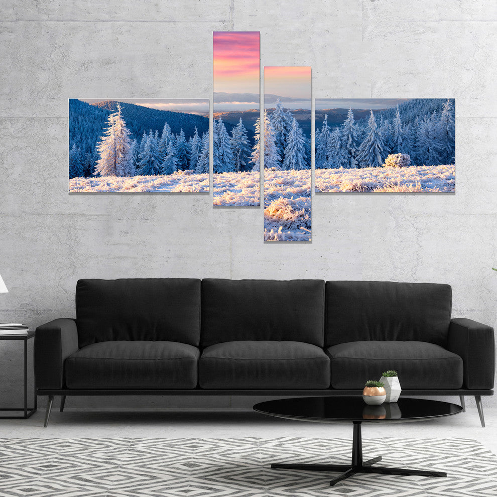 Amazing Winter Sunrise in Mountains, Landscape Canvas Print, 60"x32", 4 panels