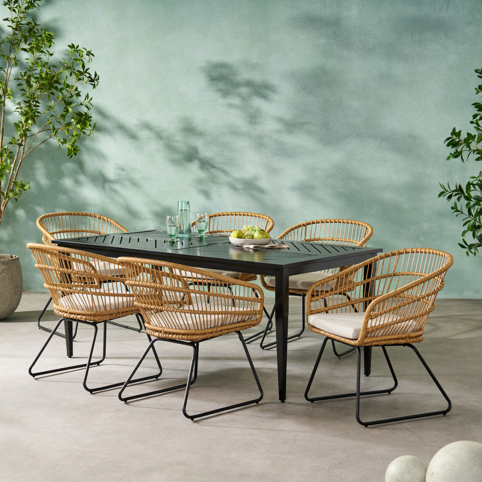 Bernay Outdoor Wicker and Aluminum 7 Piece Dining Set With Cushion, Light Brown
