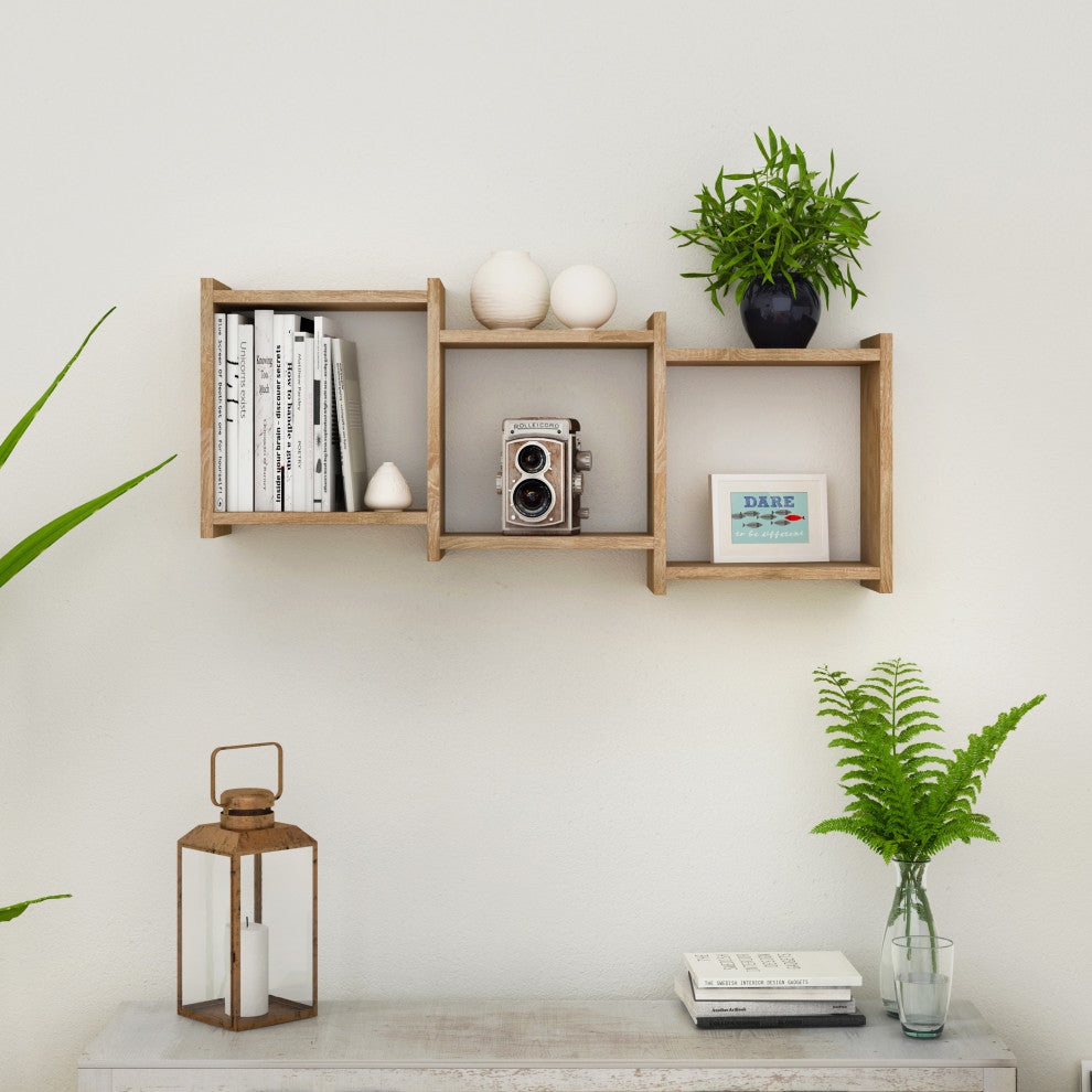 Danya B. 3-Cube Floating Wall Shelf With Ledges, Weathered Oak