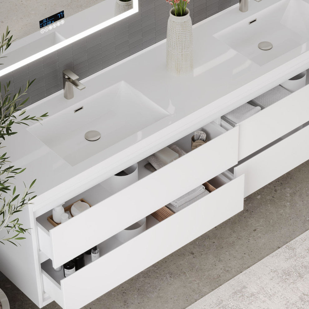 The Daria Bathroom Vanity, Glossy White, 84", Double Sink, Wall Mount