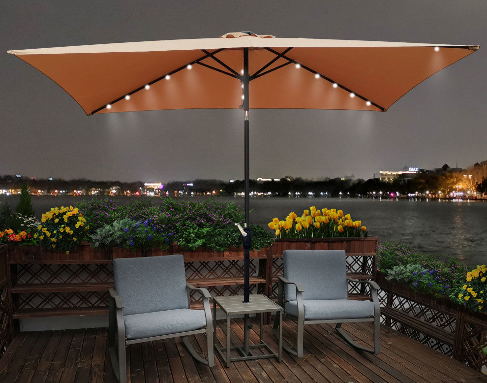 Rectangular 10' Patio Solar LED Lighted Outdoor Market Umbrella, Brown