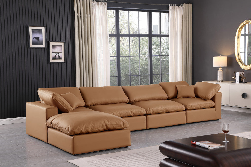 Comfy Upholstered L-Shaped Modular Sectional, Cognac, 5-Piece: 2 Armless Chair, 2 Corner Chair, 1 Ottoman, Vegan Leather