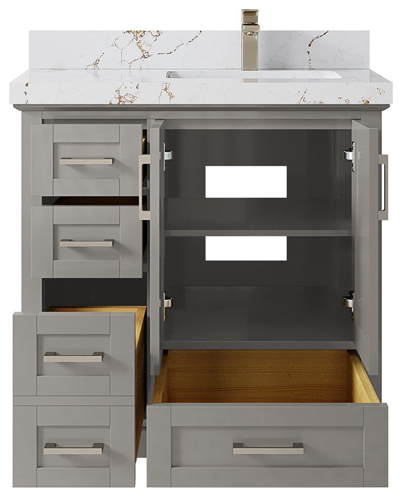 Boston 36" Right Offset Bath Vanity in Elephant Skin Gray 2" Viola Gold